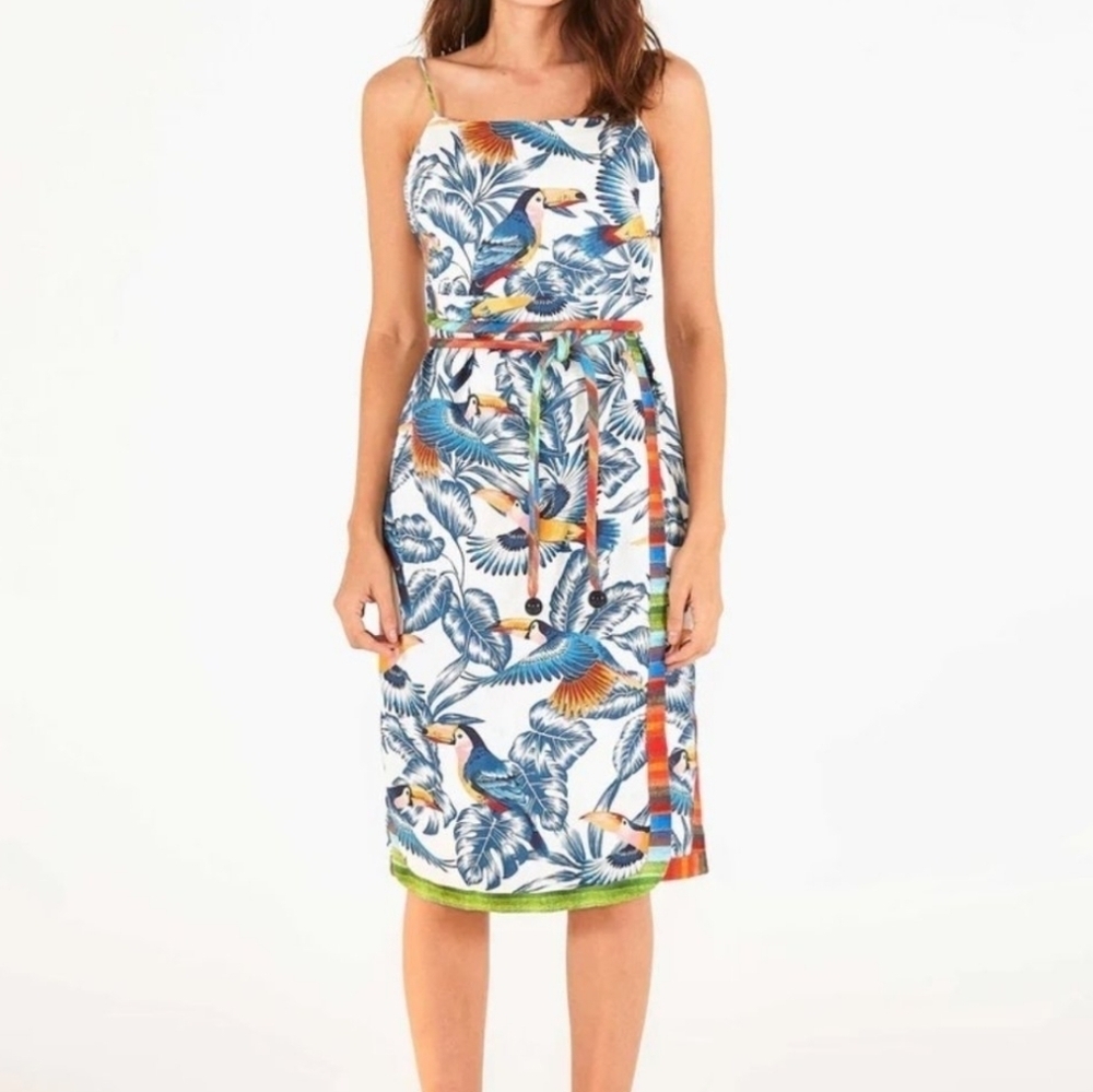 Farm Rio tropical parrot bird safari flying toucans open back dress womans small